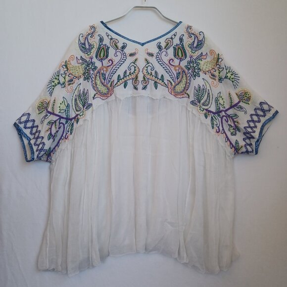 Free People Top Embroidered V Neckline  Beaded Detail Chiffon Top Size Medium - Picture 10 of 12